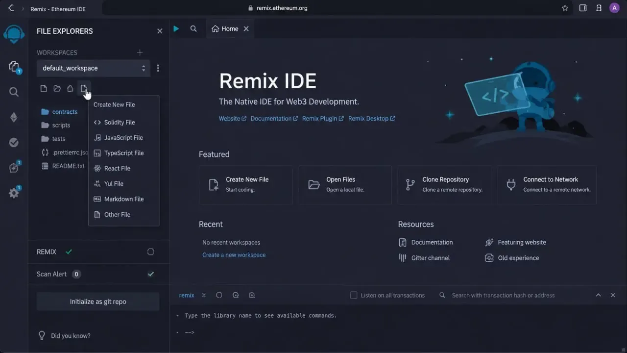 ورود به محیط توسعه آنلاین Remix IDE و ایجاد پروژه جدید | صرافی کیف پول من