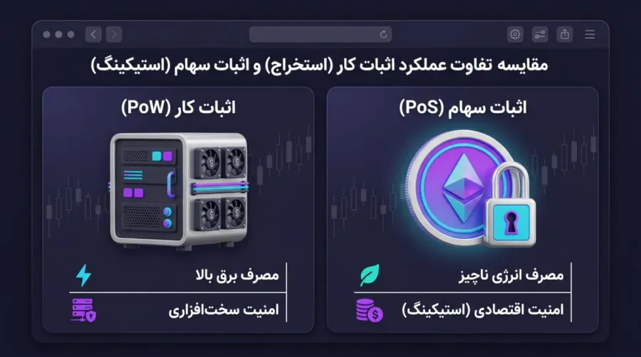 گذر از ماینینگ به استیکینگ: تفاوت اثبات کار (PoW) و اثبات سهام (PoS) | کیف پول من