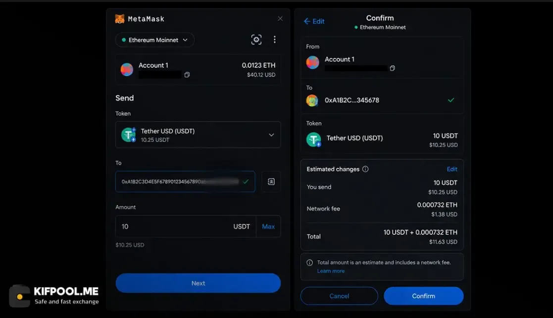 مراحل ارسال تتر و تنظیم دستی مقدار گس فی (Gas Fee) | صرافی کیف پول من