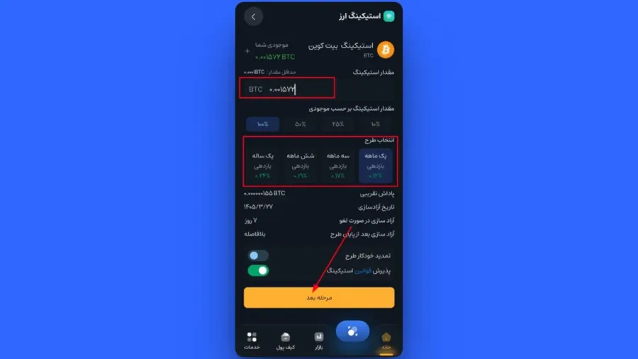 وارد کردن مبلغ و انتخاب دوره قفلگذاری در صرافی کیف پول من