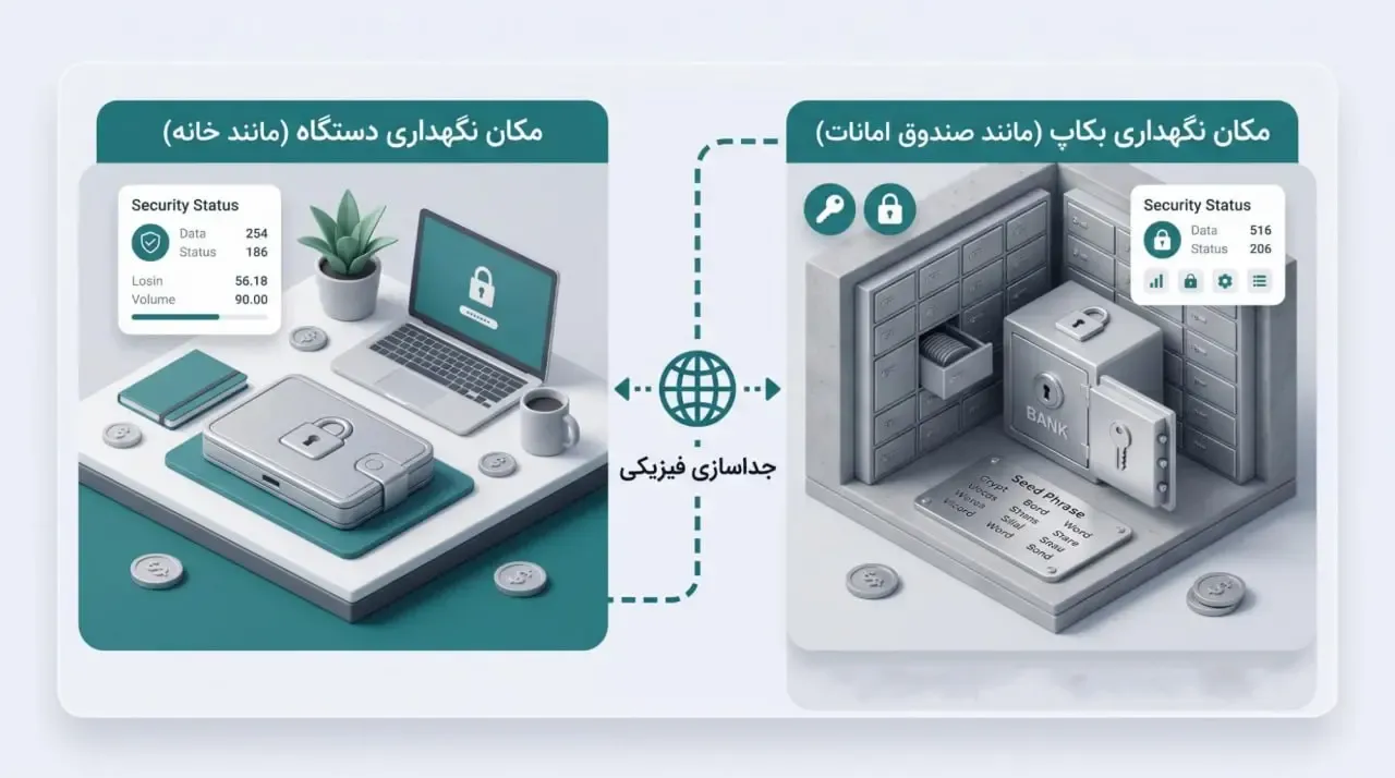عدم قرارگیری دستگاه و کلمات بازیابی در یک مکان | صرافی کیف پول من