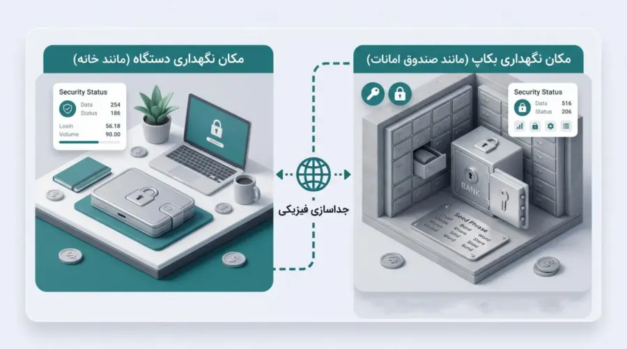 عدم قرارگیری دستگاه و کلمات بازیابی در یک مکان | صرافی کیف پول من