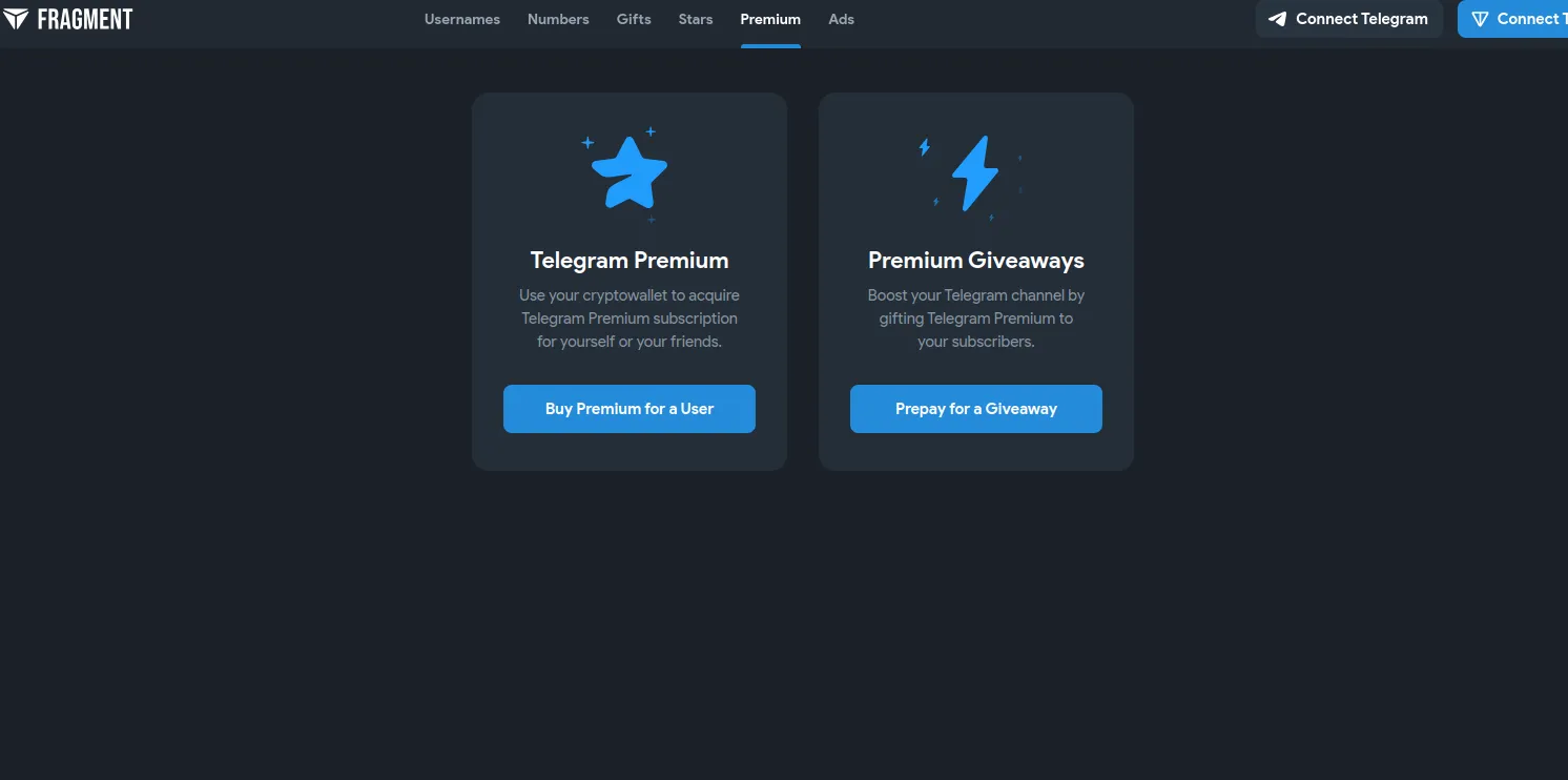 محصولات سایت Fragment | تهیه اشتراک تلگرام پرمیوم از طریق بلاکچین | صرافی کیف پول من
