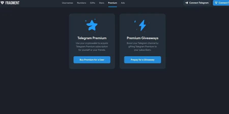 محصولات سایت Fragment | تهیه اشتراک تلگرام پرمیوم از طریق بلاکچین | صرافی کیف پول من