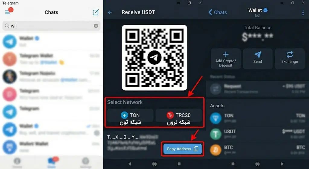 نحوه واریز یا دریافت تتر از صرافیها به کیف پول تلگرام | صرافی کیف پول من
