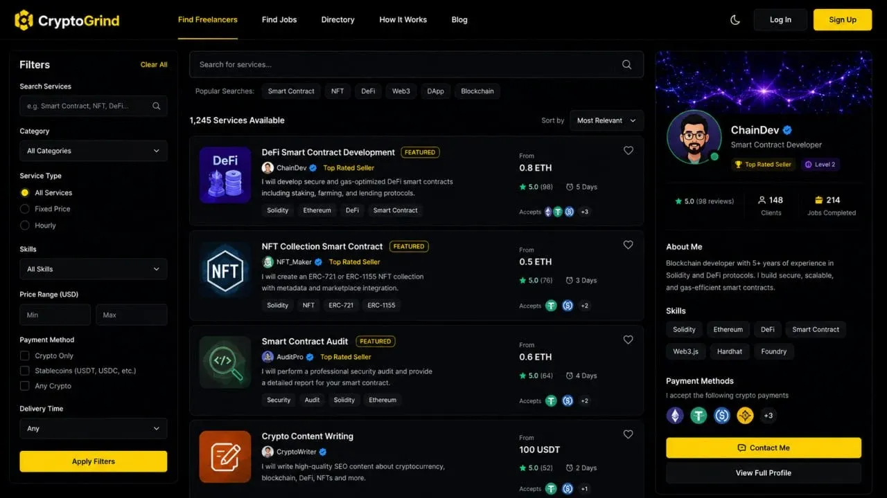 سایت CryptoGrind: سیستم پرداخت امن و چندمرحله‌ای برای فریلنسرها | کیف پول من