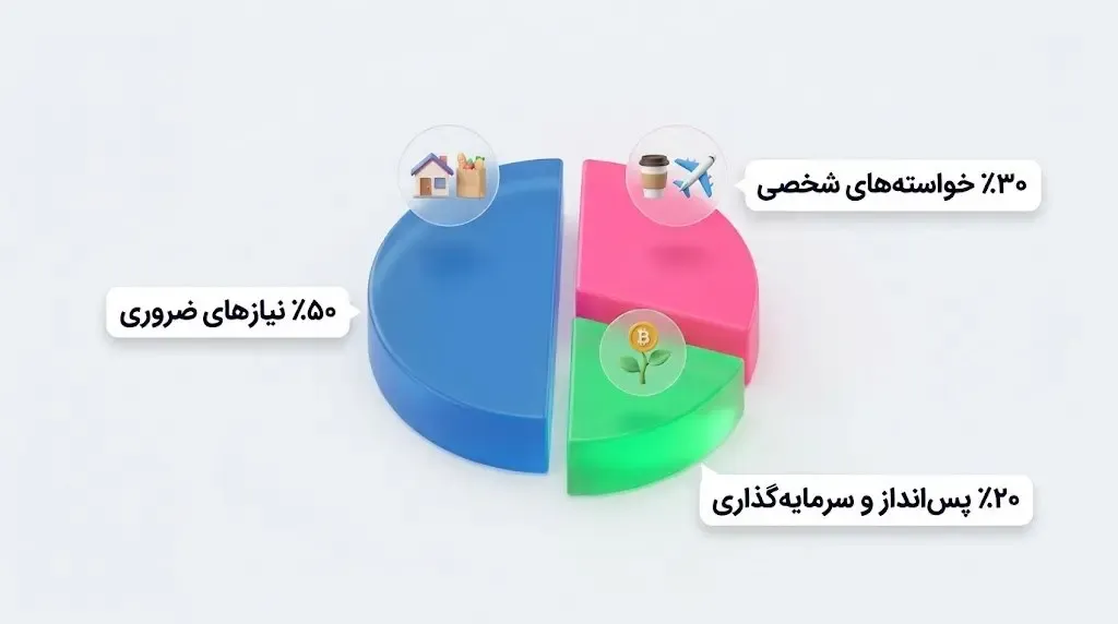 قانون بودجه‌بندی 50-30-20 |  نمودار دایره‌ای تخصیص درآمد | صرافی کیف پول من
