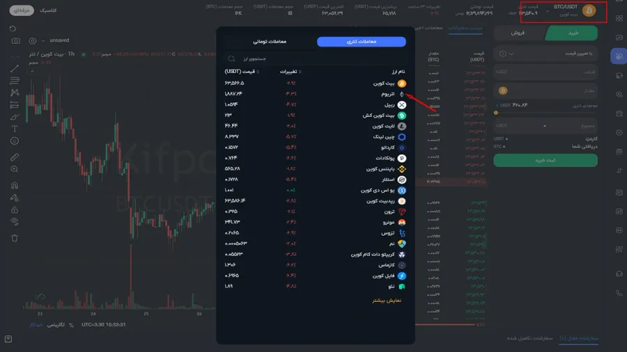 صفحه معاملات حرفه ای در صرافی کیف پول من