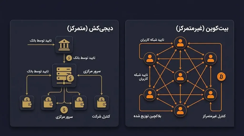 مقایسه&zwnj; ساختار متمرکز ای&zwnj;کش با شبکه&zwnj;ی غیرمتمرکز بیت کوین | کیف پول من