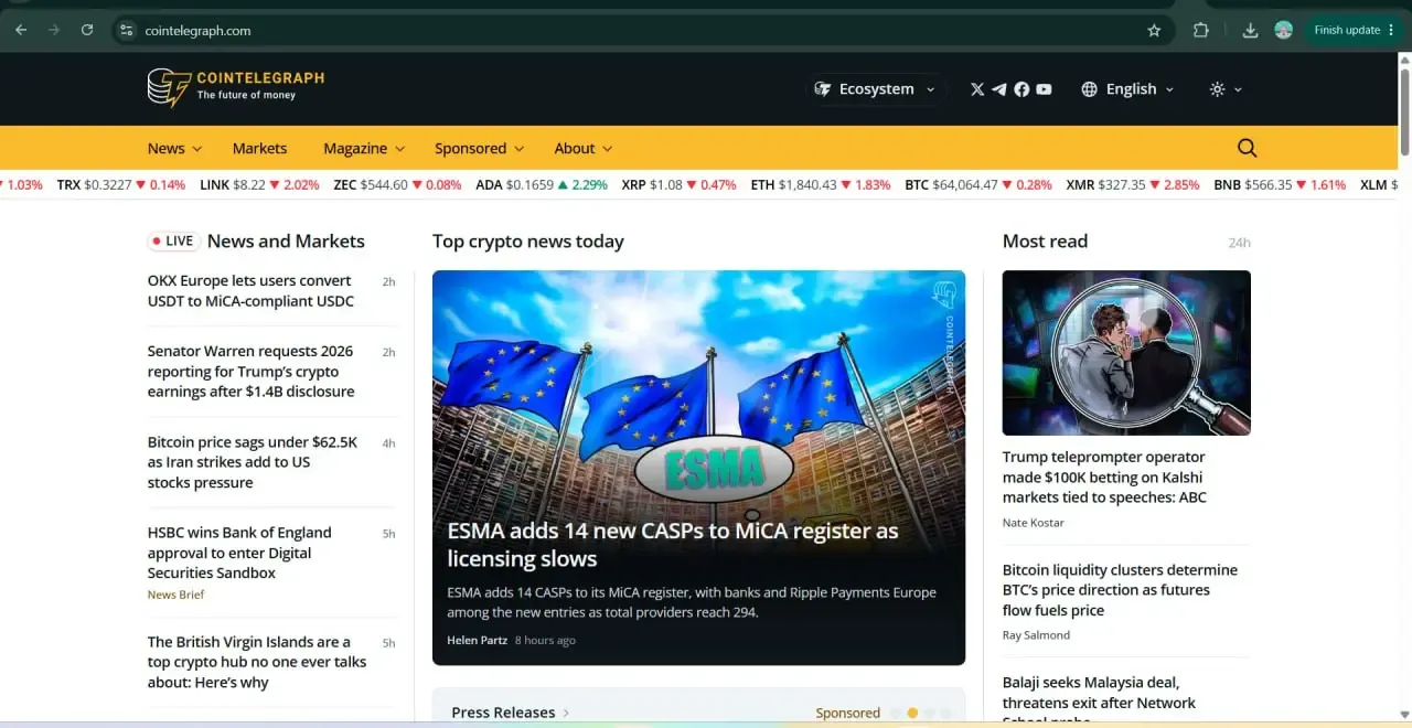 CoinTelegraph | ترکیب سرعت، اینفوگرافیک‌های جذاب و پوشش جامع | صرافی کیف پول من