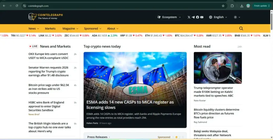 CoinTelegraph | ترکیب سرعت، اینفوگرافیکهای جذاب و پوشش جامع | صرافی کیف پول من